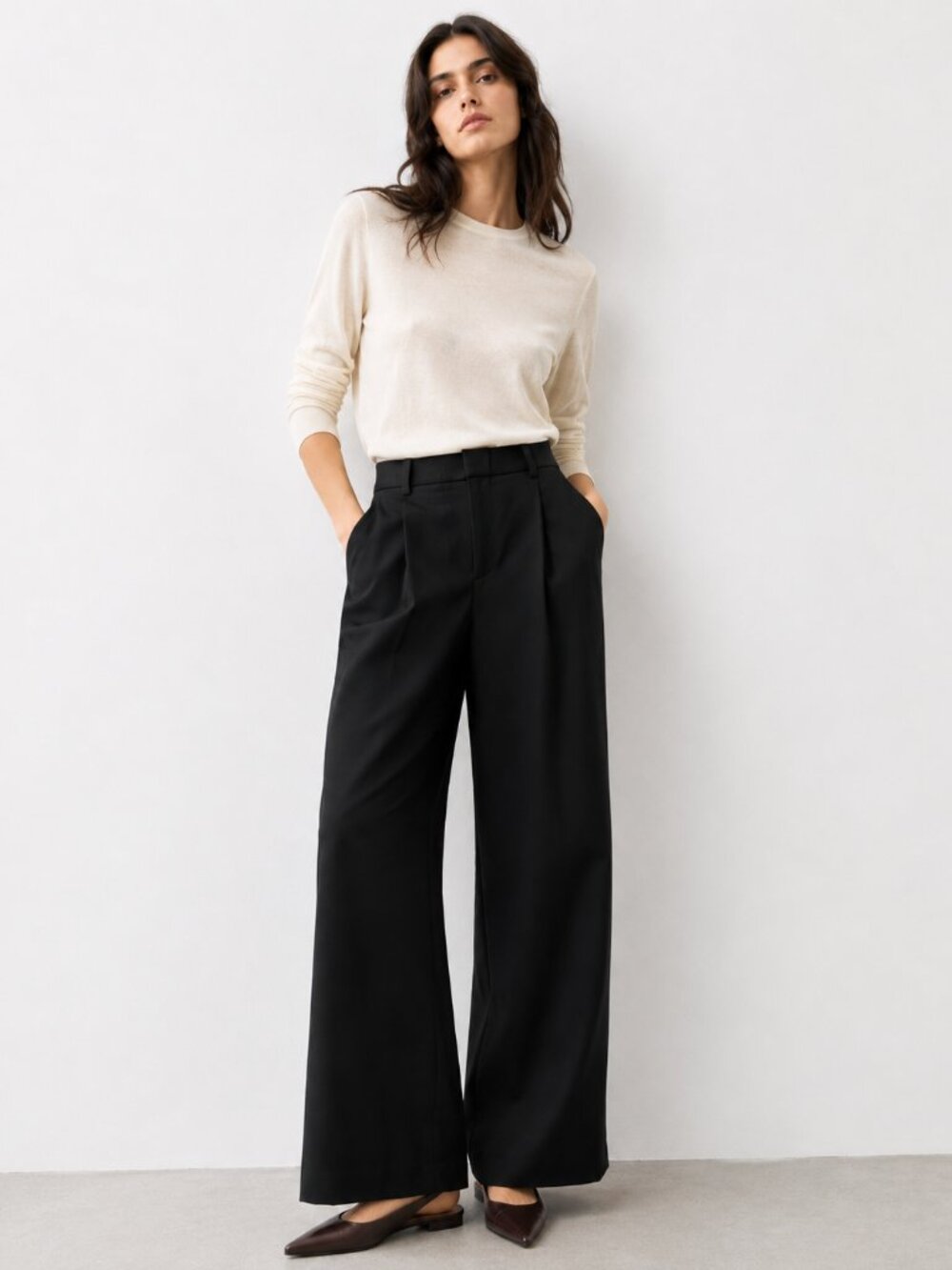 Minimalist Black Wool Blend Wide Leg Trousers High Waist Pants 27"